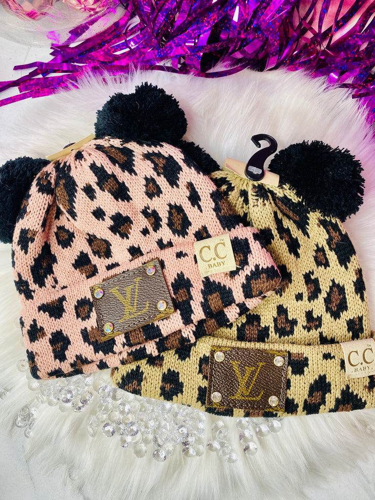 Upcycled LV Leopard Print Beanie with Pom Pom