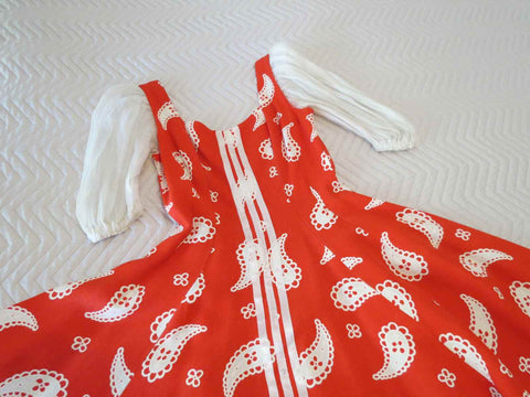 1950s vintage red dirndl dress with organdy sleeves