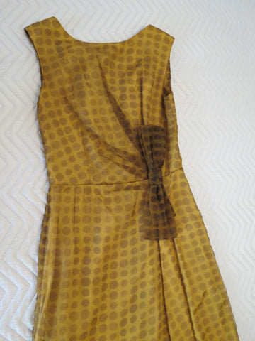 vintage 1960s dress brown chiffon with polka dots and bow