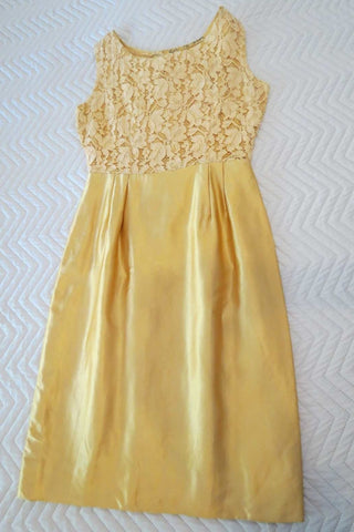 1960s vintage gold satin and lace dress