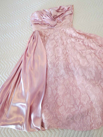 1950s vintage strapless dress satin and lace pink