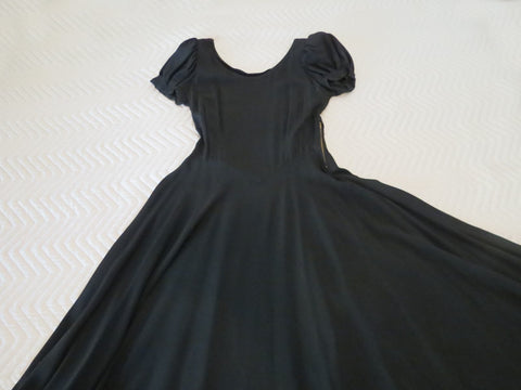 1930s rayon crepe black evening gown with long full skirt