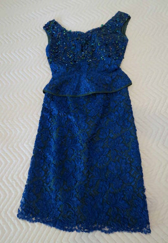 1960s vintage blue alencon lace three piece dress with beading and cummerbund