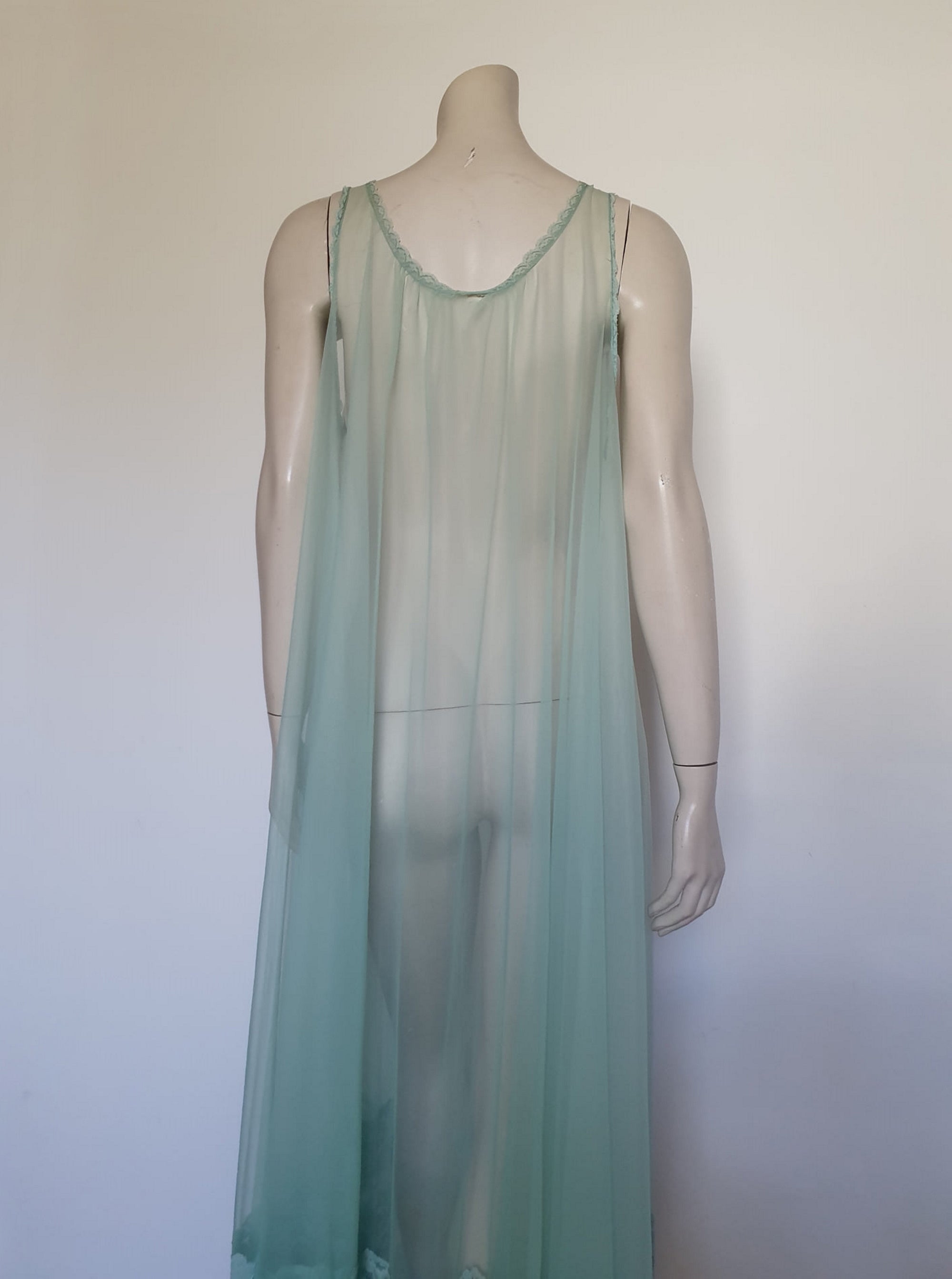 Sheer Aquamarine Negligee, Nightgown - M – Louisa Amelia Jane Vintage