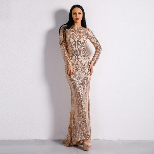 gold sequin maxi dress long sleeve