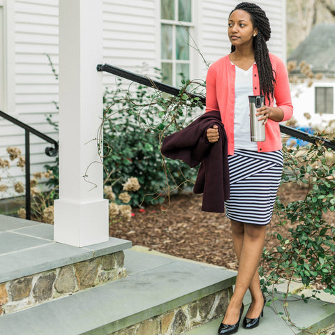 Fractured Linear Pencil Skirt with Coral Cardigan