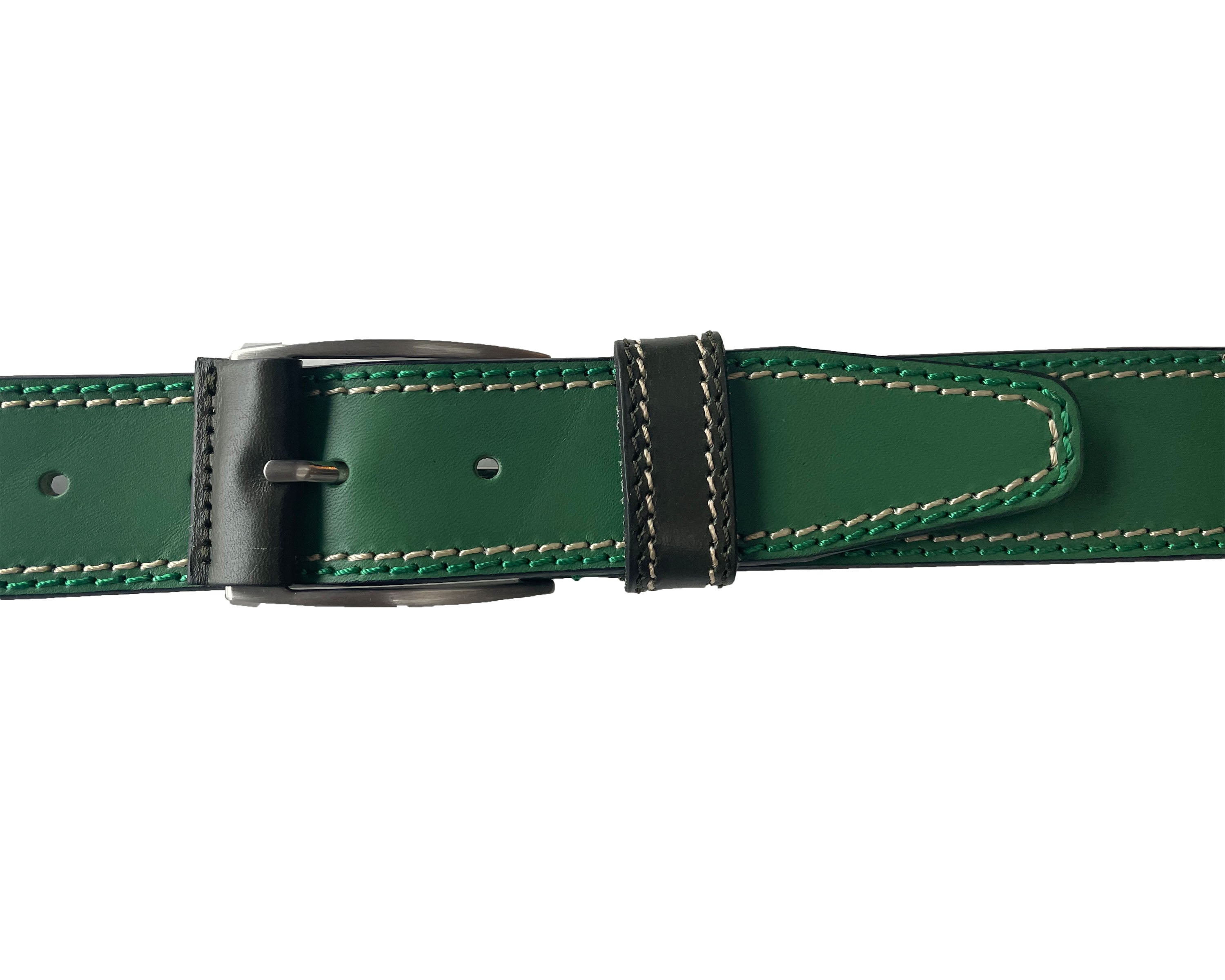 GREEN 40MM CONTRAST DOUBLE STITCHED HIDE LEATHER BELT