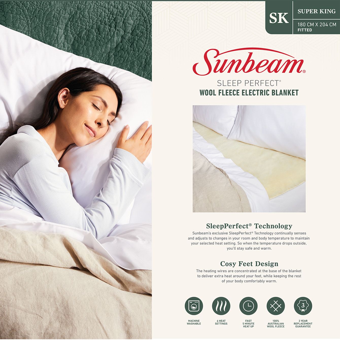 Sunbeam Sleep Perfect Wool Fleece Electric Blanket King Central