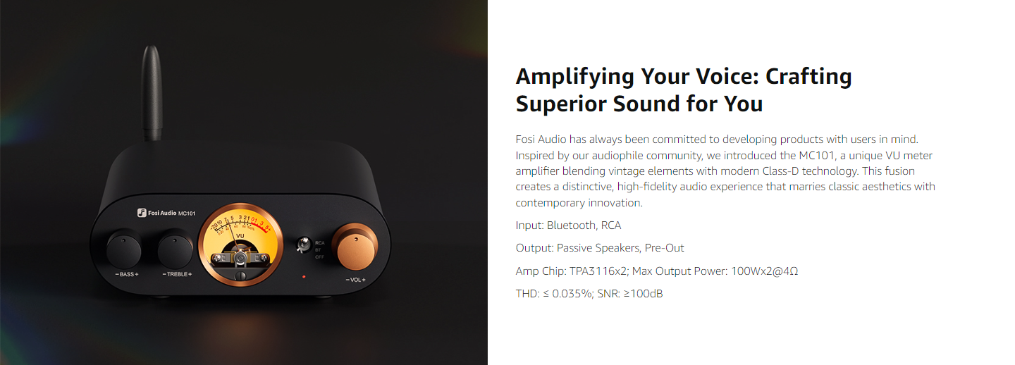 Fosi Audio MC101 Bluetooth Stereo Amplifier with VU Meter