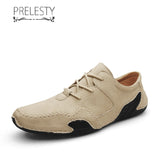 Prelesty Summer Handmade Genuine Leather Men Sneaker Shoes Lace Up Moccasin Lightweight High Quality