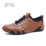 Prelesty Carved Holes Genuine Leather Casual Loafer Men Dress Shoes Business