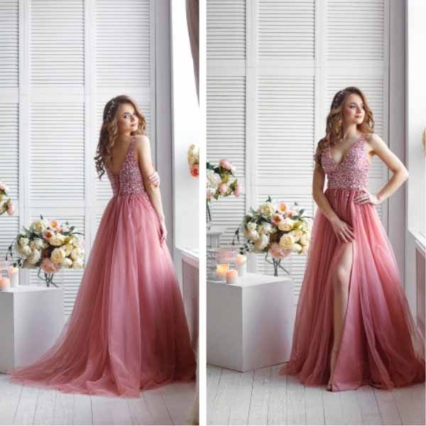 BROOKE - Pink Beaded Sleeveless Dress with V-neck Tulle Sweep