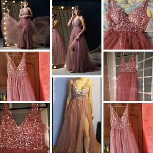 Customer pictures of the Pink Beaded Sleeveless Dress with V-neck, High Split and Tulle Sweep Train