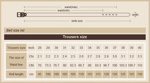 Size table for Men's Belts