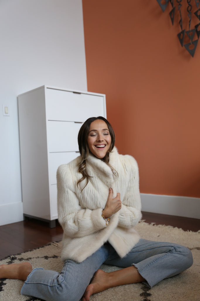 Designer and Founder Jessica in grandmothers fur jacket