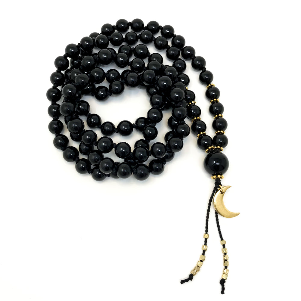 Black Tourmaline Mala Necklace with Gold Crescent Moon - MishkaSamuel