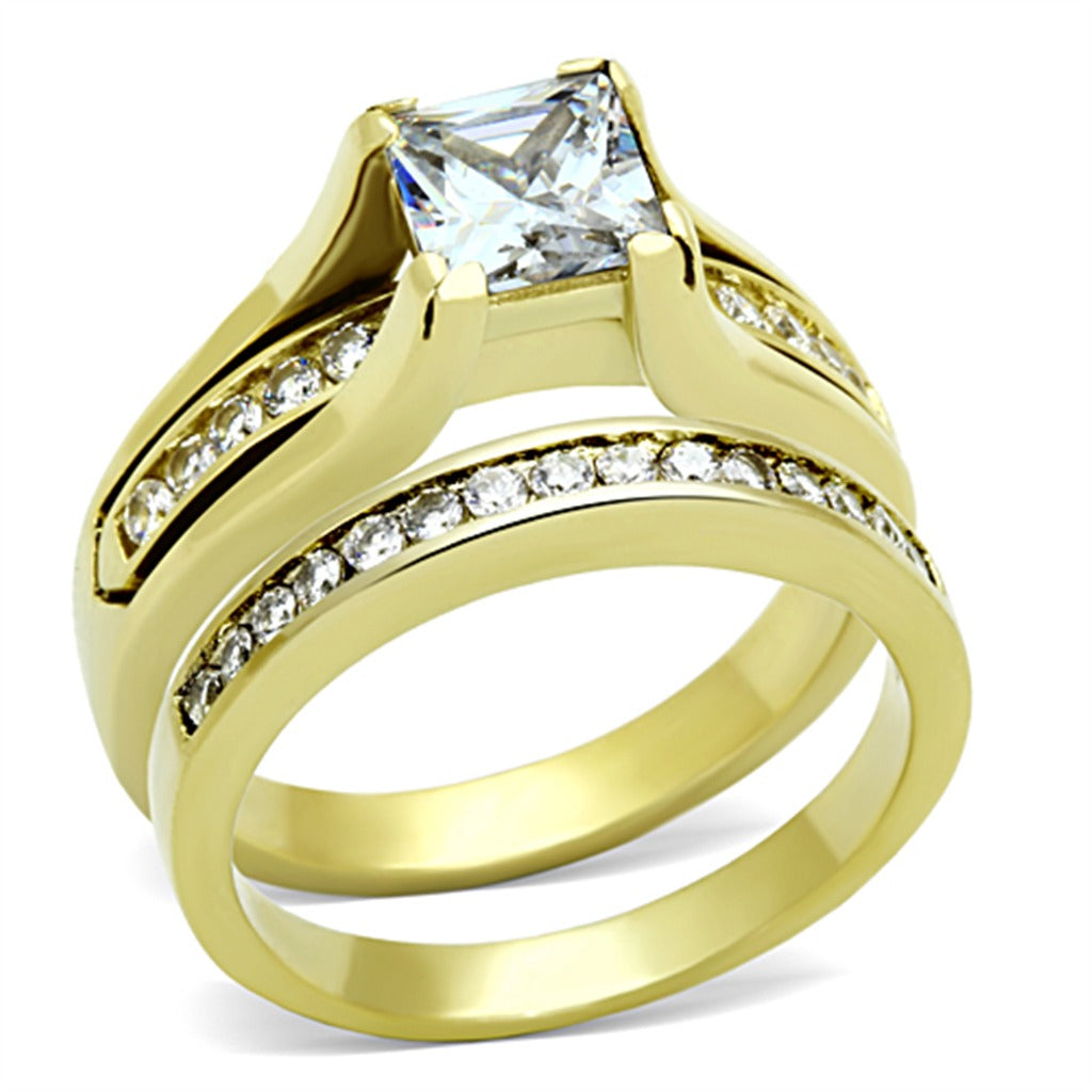 Womens 14K Gold Plated Princess CZ Engagement Ring Mens Flat Wedding B ...