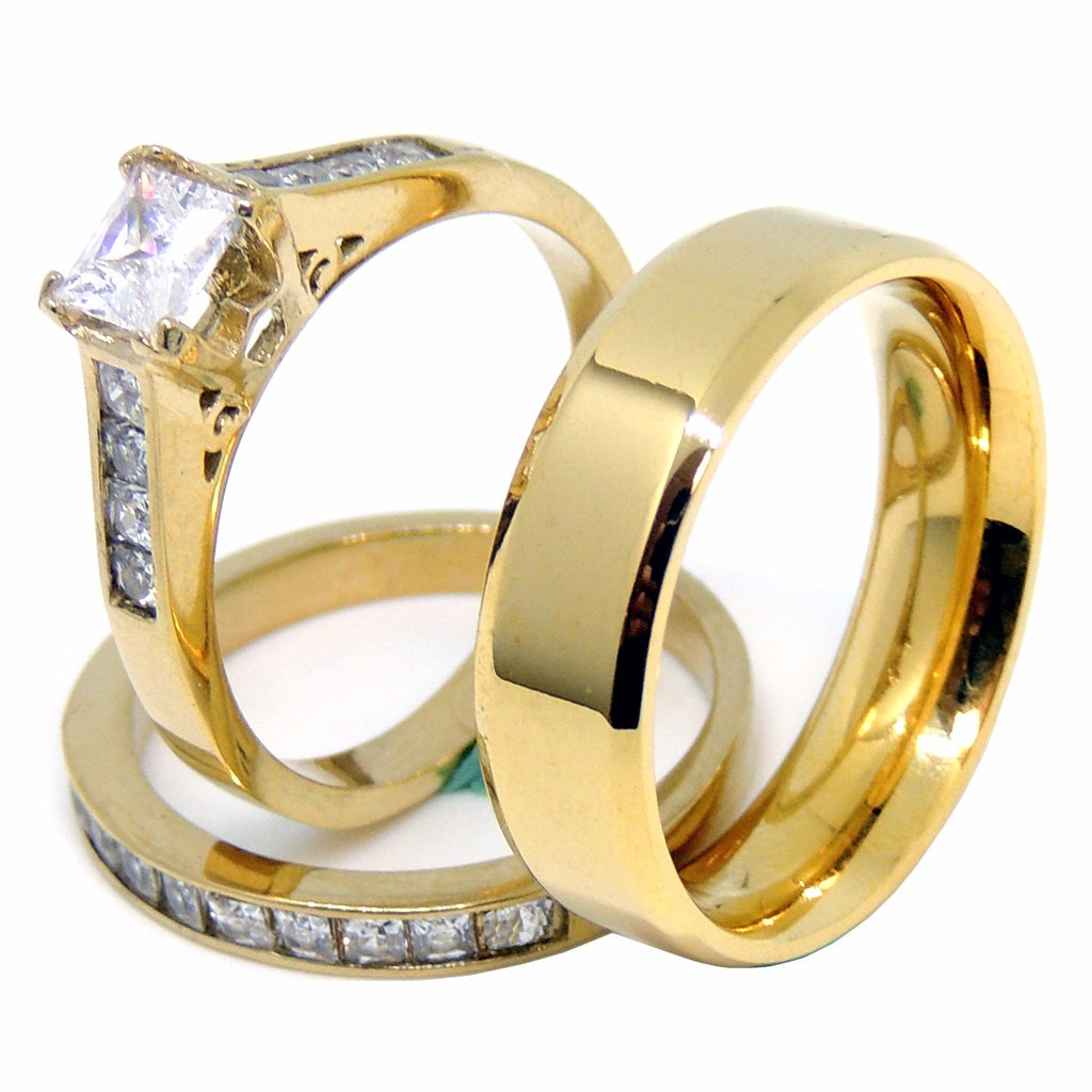 Couples Ring Set 14K Gold Plated 5mm Princess CZ Wedding