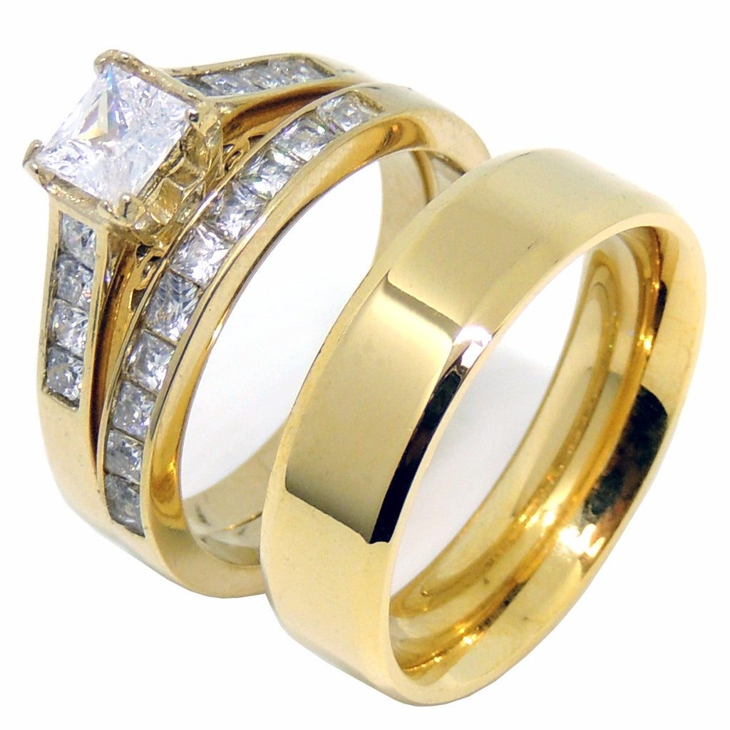 Couples Ring Set 14K Gold Plated 5mm Princess CZ Wedding