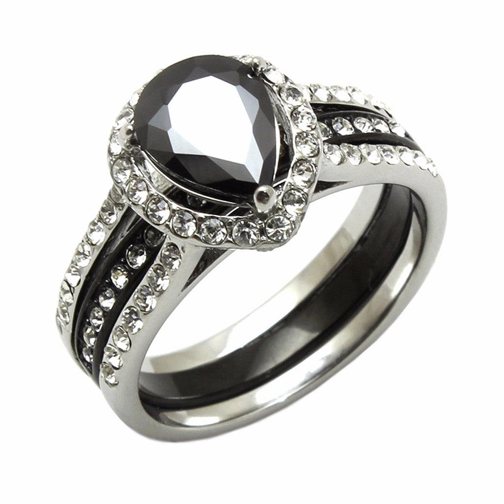 His Hers Couples Ring Set Womens Black Pear CZ Wedding Ring Mens 7 CZs ...