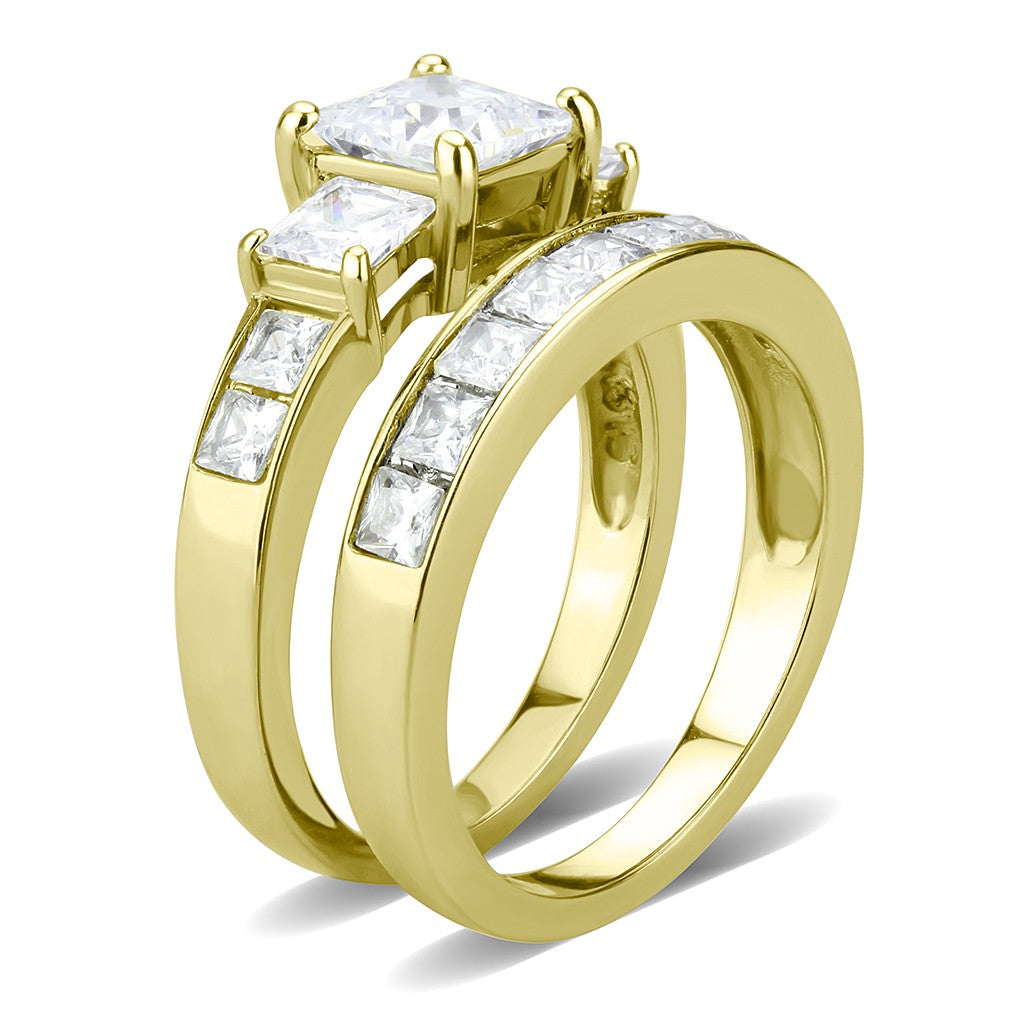 3 Stone Type 6mm Princess Cz 14k Gold Stainless Steel Wedding Ring