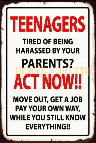 TEENAGERS ACT NOW Vintage Retro Rustic Garage Man Cave Metal Sign