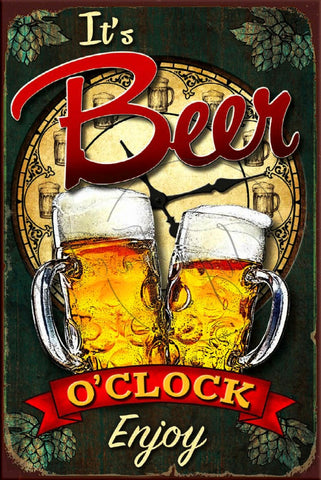 BEER O'CLOCK Rustic Look Vintage Shed-Garage and Bar Man Cave Tin Metal Sign