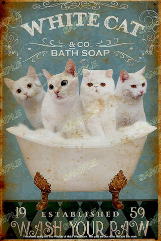 WHITE CAT BATH Retro Shed Garage Home Office Decorative Wall Rustic Look Tin Metal Signs