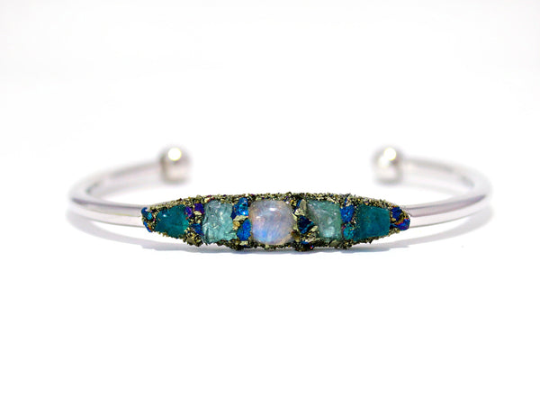 Blue Apatite, Aqua Aura Quartz Crystal and Rainbow Moonstone Bracelet ...