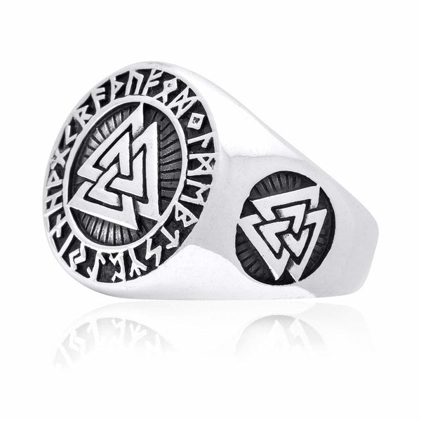 925 Sterling Silver Valknut and Runes Signet Ring - Norse Spirit