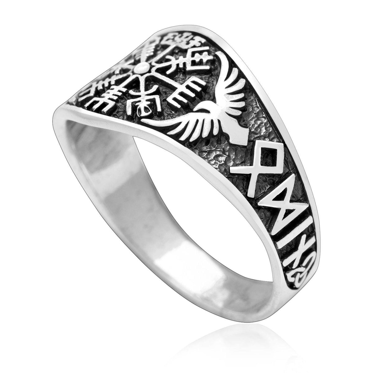 925 Sterling Silver Vegvisir and Raven Ring - Norse Spirit