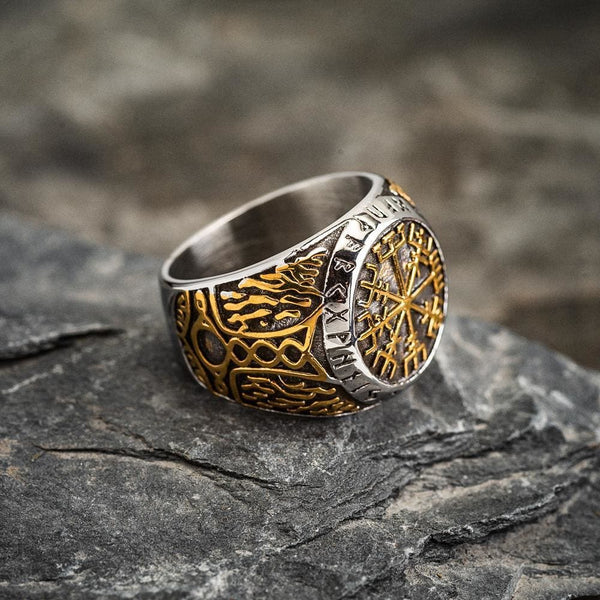 Dual Color Vegvisir and Runes Ring - Norse Spirit