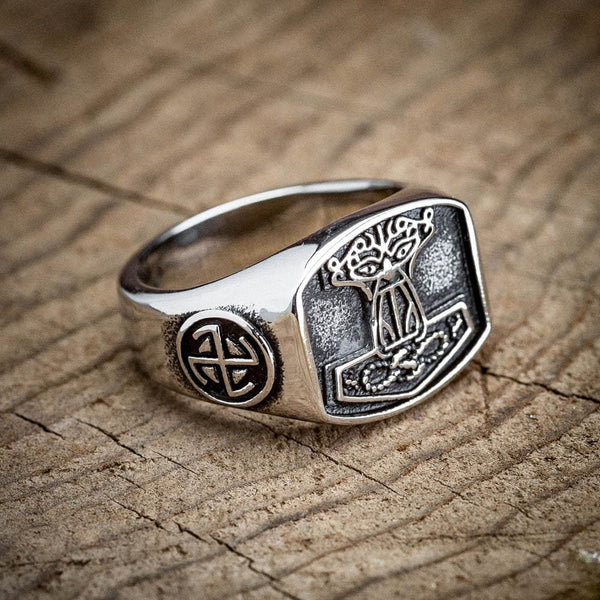 Stainless Steel ’Aged’ Mjolnir Signet Ring - Norse Spirit