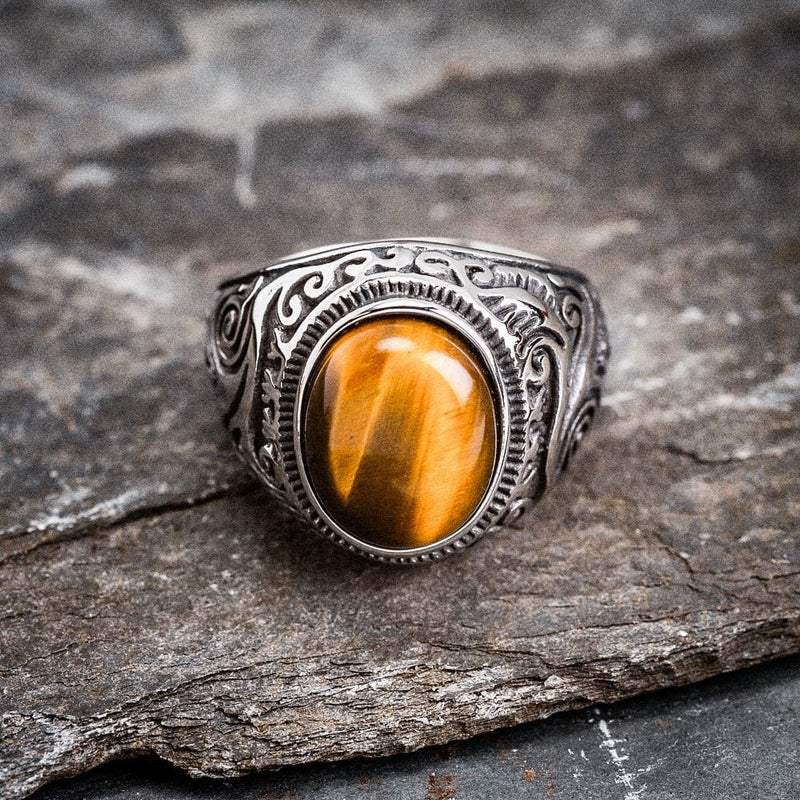 Stainless Steel Celtic Scroll Ring With Inset Stone - Norse Spirit