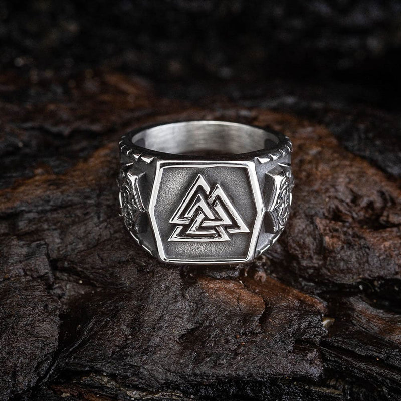 Stainless Steel Valknut and Mjolnir Ring - Norse Spirit