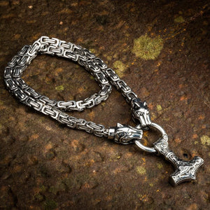 Viking Wolf King's Chain & Mjolnir - Norse Golden Necklace