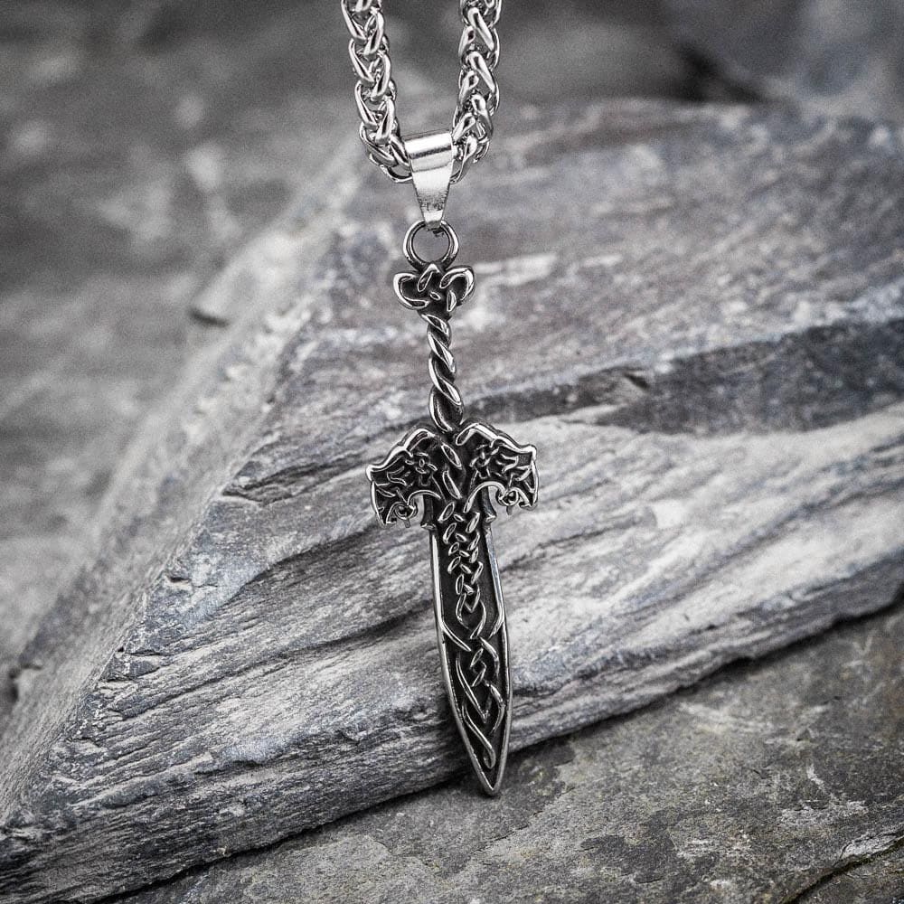 Stainless Steel Wolf Head Sword Necklace