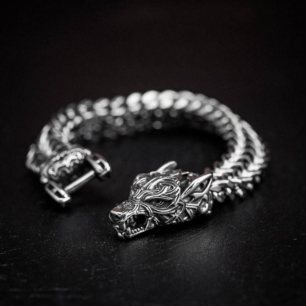 Viking Bracelet Fenrir Wolf Heads Torque with Celtic Knots Silver Norse  Bangle