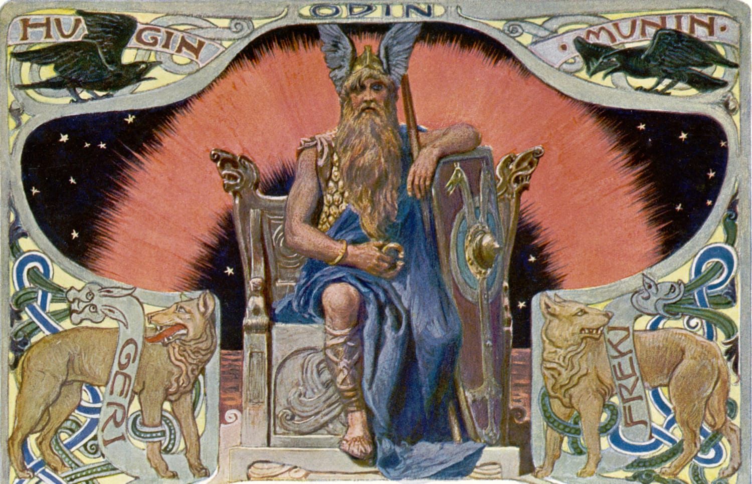 Odin. A tall old man with a flowing beard and only one eye which is  described as pale blue. He was usually depicted wearing a cloak and  carrying a spear named 'Gungnir.' [