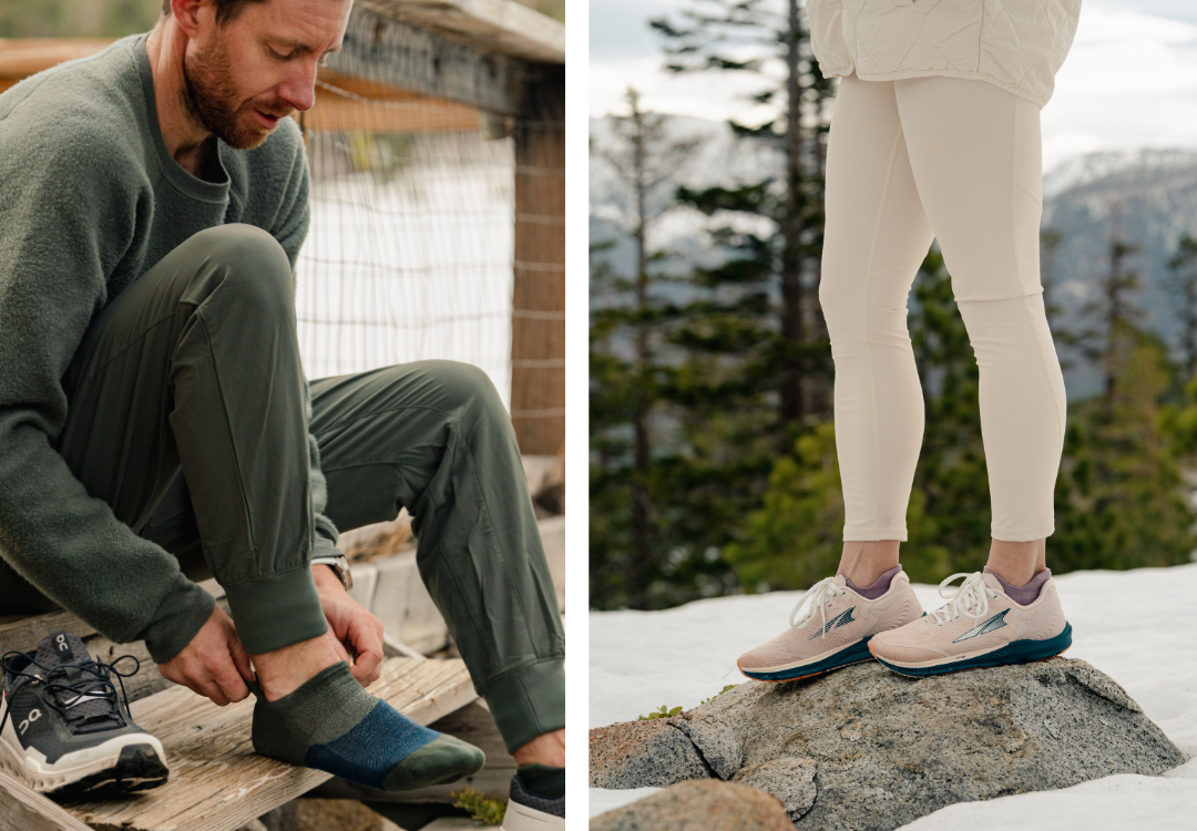 Man and woman wearing Feetures Merino wool socks