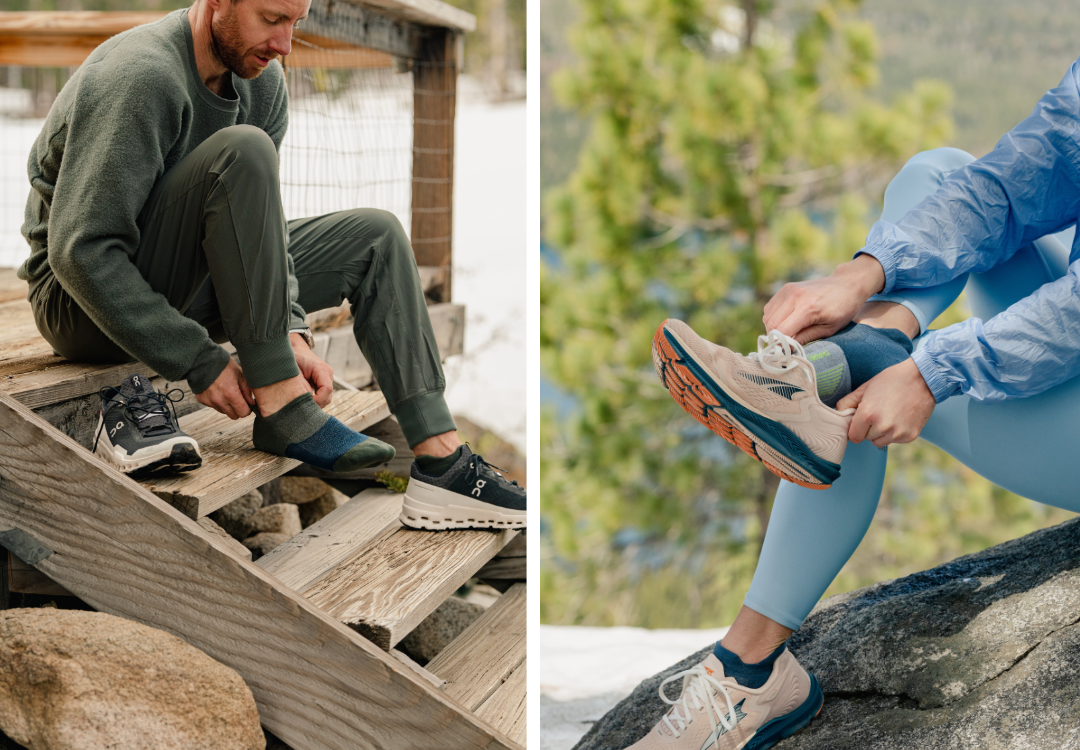 Man and woman wearing Feetures Merino wool socks