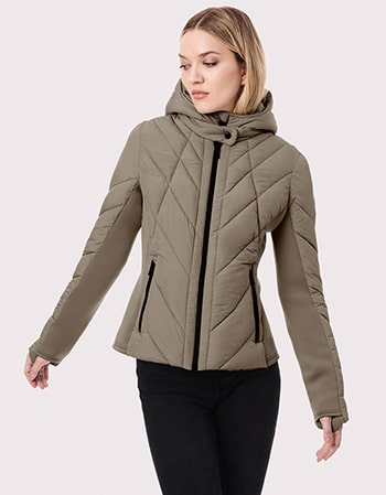 Active Double Up Puffer Jacket offers flexible looks with features like removable hoods thumbholes and zip pockets