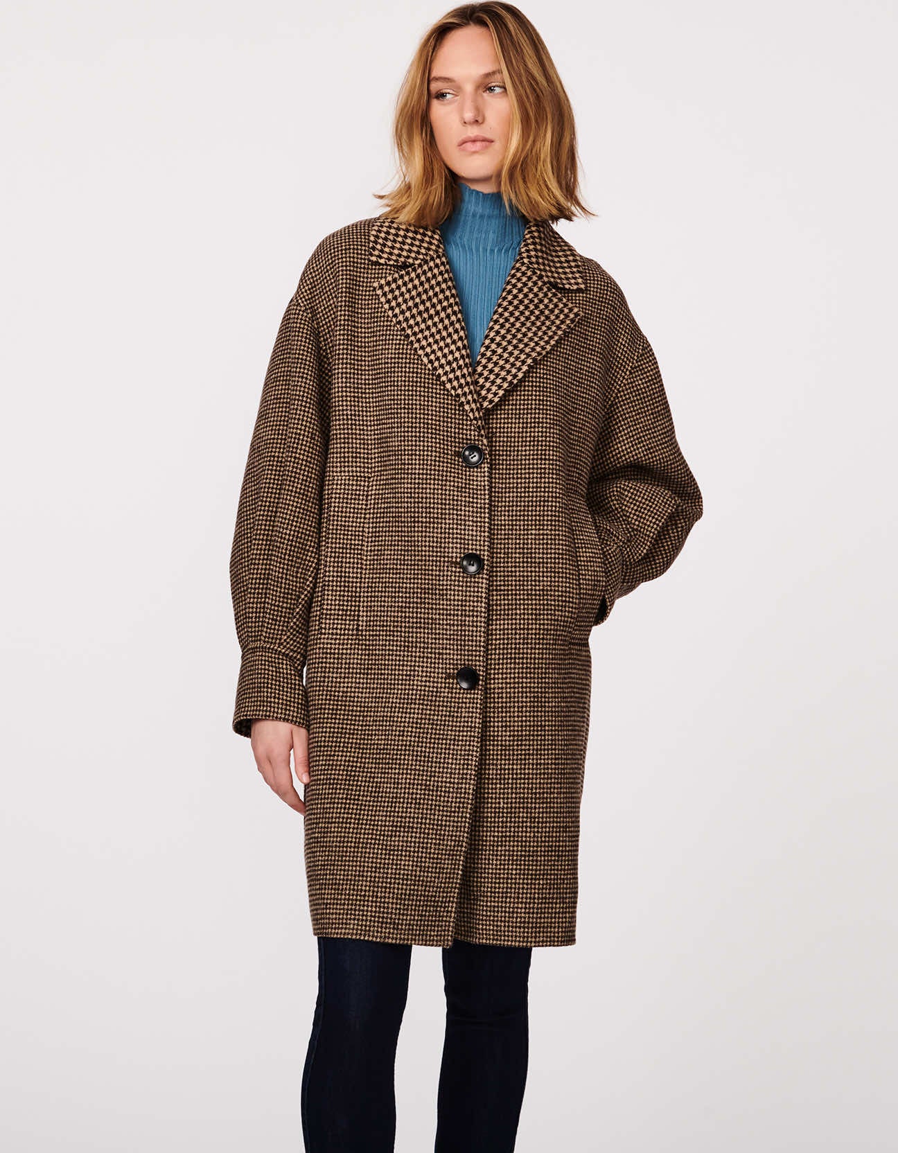 Norfolk Houndstooth Wool Coat - Brown Beige - Bernardo