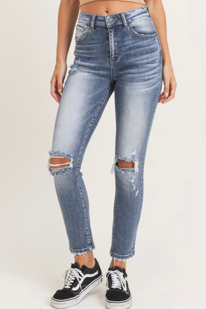 Ripped Roll Hem Skinny Jeans High Waist Whiskering - Temu Canada