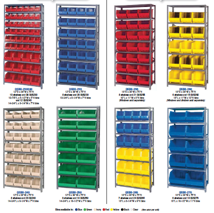 GIANT OPEN HOPPER BIN STORAGE SYSTEM, Bin Green, Size D x W x H: 12 x 36 x  75, Qty. - Bins Product No.: 36-HQUS230, 12-HQUS240, No. Shelves: 10