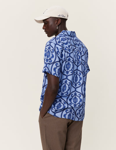 Les Deux MEN Ornament AOP Tencel SS Shirt Shirt 466480-Summer Sky/Surf Blue