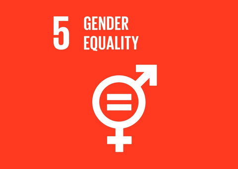 A bright red background, '5 Gender Quality' is written in white text. There is also the merging of the male and female symbols with an equals sign in the middle - also in white