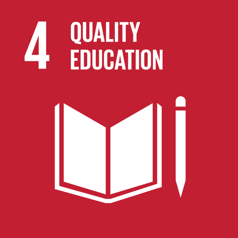 on a red background the text '4 quality education' is above a white book and pencil