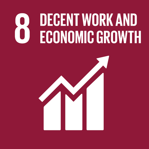 On a Burgundy background, the text '8 decent work and economic growth' is above a rising graph