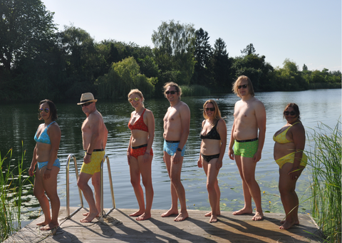 male and female models rocking our Mara print underwear by a lake!